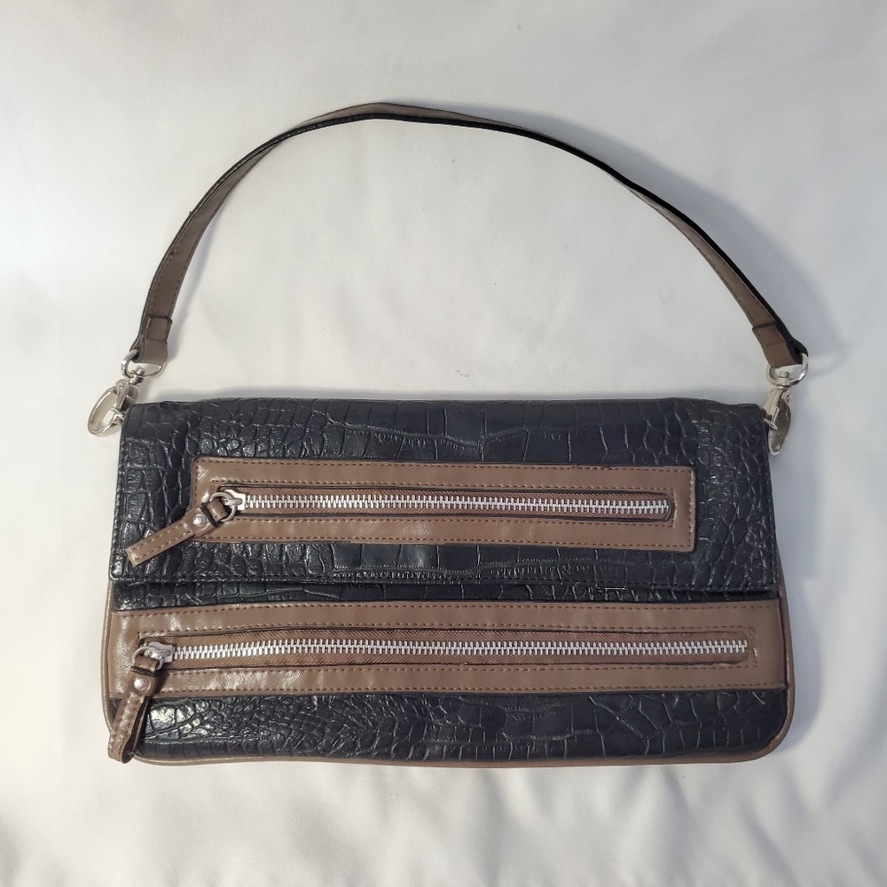 Poppie Jones Black Brown Shoulder Purse Convertible Clutch Magnetic Closure